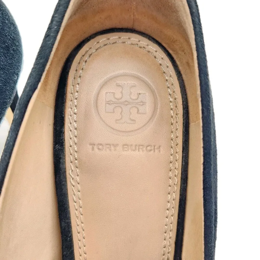 Tory Burch Lanette Black Suede Heels Gold Double T Accent Pumps 8 Quiet Luxury